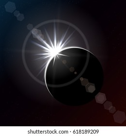 Solar eclipse in dark space, diamond ring phase. Vector illustration.