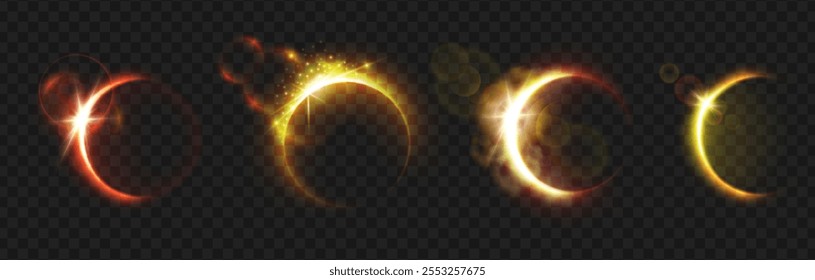 Solar eclipse in dark universe, isolated set of circles with glowing light and flares. Vector realistic celestial body, overlay effect on transparent background. Neon blazing star edge behind planet