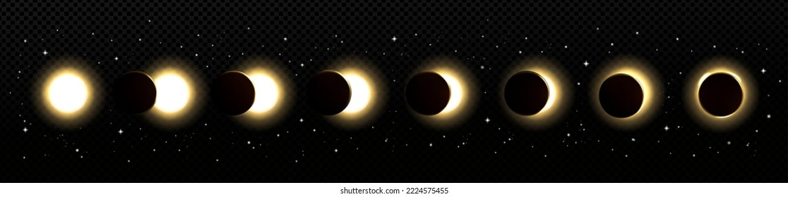 Solar eclipse in different phases. Cosmos with moon and sun in total and partial solar eclipse and stars isolated on transparent background, vector realistic illustration