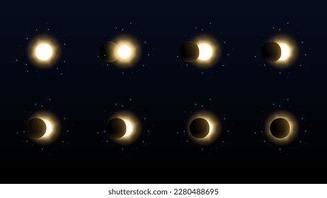 Solar eclipse in different phases. Cosmos with moon and sun in total and partial solar eclipse and stars isolated on transparent background, vector realistic illustration