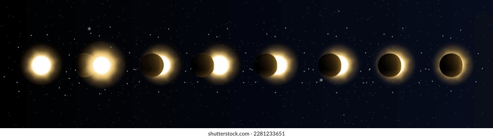 Solar eclipse in different phases. Cosmos with moon and sun in total and partial solar eclipse and stars isolated on transparent background, vector realistic illustration