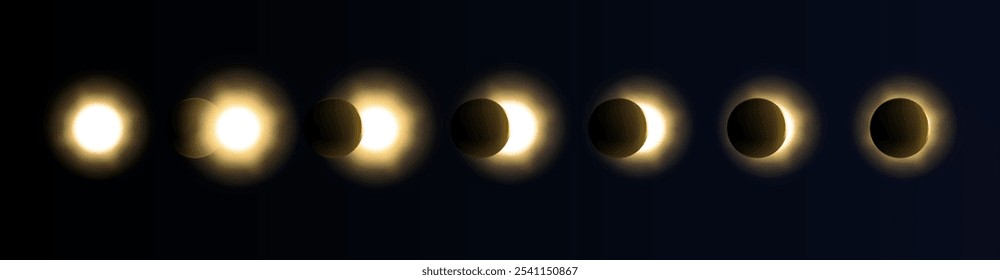 Eclipse solar em diferentes fases. Cosmos com lua e sol no eclipse solar total e parcial ilustração realista vetor isolado