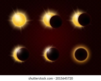 Solar eclipse in different phases, full cycle, realistic sun glow and sunshine ring