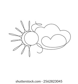 Solar eclipse drawn with continuous line in minimalism, abstract style, natural phenomenon, sun, moon, cloud, editable vector contour