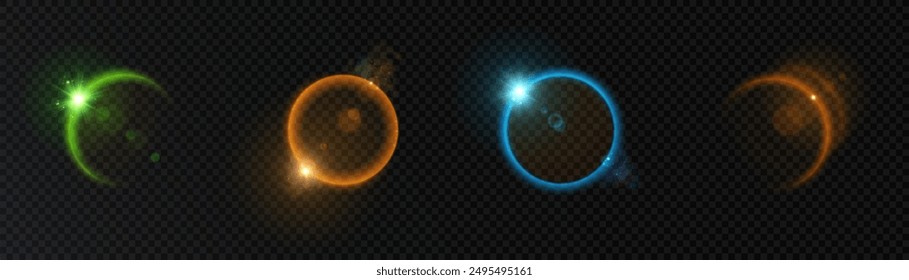 Solar eclipse effect. Space sunrise. Sunrise with rays and glare. Vector on transparent background.