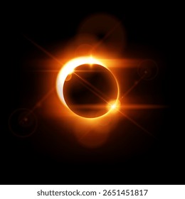 Eclipse solar com raios amarelos brilhantes e realces em um fundo preto isolado. O tema do espaço, astronomia, magia. Ilustração vetorial. Realismo.
