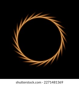 Solar eclipse with gold fiery flashes on edge vector illustration. Abstract golden circle frame of sun, planet or star with sparkles and energy flare, globe with glow light effect of shiny corona.