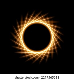 Solar eclipse with gold fiery flashes on edge vector illustration. Abstract golden circle frame of sun, planet or star with sparkles and energy flare, globe with glow light effect of shiny corona.