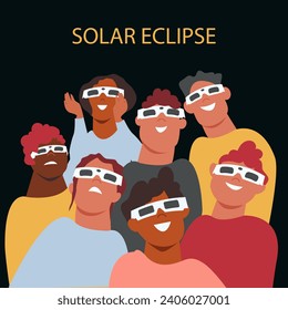  Solar eclipse. Group of joyful people with protective glasses looks at the solar eclipse. Poster template, web banner, or card.vector illustration.