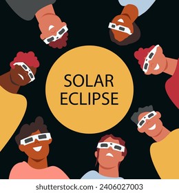  Solar eclipse. Group of joyful people with protective glasses looks at the solar eclipse. Poster template, web banner, or card.vector illustration.