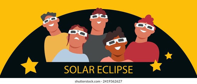 Solar eclipse. Group of joyful people with protective glasses looks at the solar eclipse. Poster template, web banner, or card.vector illustration.