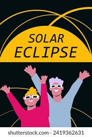 Solar eclipse. Group of joyful people with protective glasses looks at the solar eclipse. Poster template, web banner, or card.vector illustration.