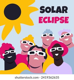 Solar eclipse. Group of joyful people with protective glasses looks at the solar eclipse. Poster template, web banner, or card.vector illustration.