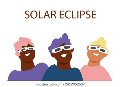 Solar eclipse. Group of joyful people with protective glasses looks at the solar eclipse. Poster template, web banner, or card.vector illustration.