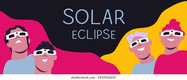 Solar eclipse. Group of joyful people with protective glasses looks at the solar eclipse. Poster template, web banner, or card.vector illustration.