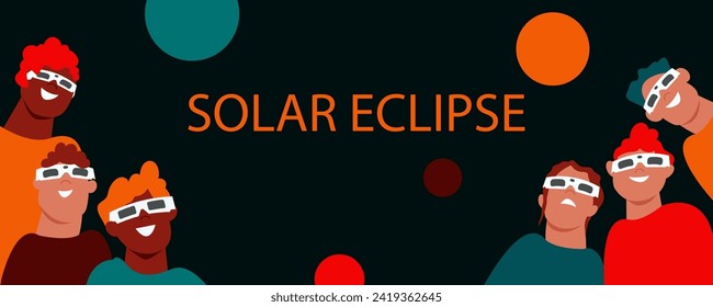 Solar eclipse. Group of joyful people with protective glasses looks at the solar eclipse. Poster template, web banner, or card.vector illustration.