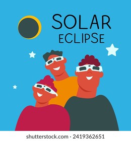 Solar eclipse. Group of joyful people with protective glasses looks at the solar eclipse. Poster template, web banner, or card.vector illustration.