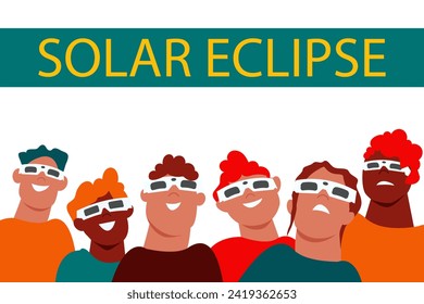 Solar eclipse. Group of joyful people with protective glasses looks at the solar eclipse. Poster template, web banner, or card.vector illustration.