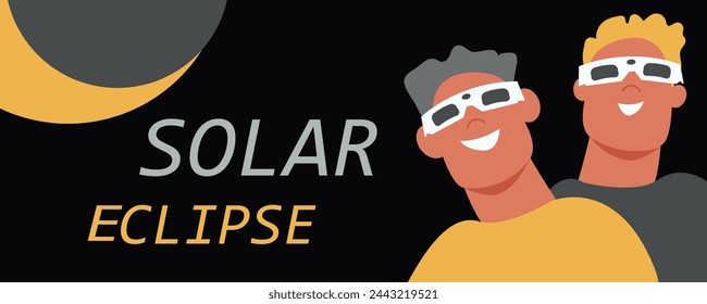 Eclipse solar. Grupo de gente alegre con gafas protectoras mira el eclipse solar. Plantilla de póster, banner web o tarjeta. Ilustración vectorial.