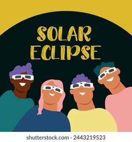 Solar eclipse. Group of joyful people with protective glasses looks at the solar eclipse. Poster template, web banner, or card.Vector illustration.