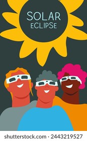 Solar eclipse. Group of joyful people with protective glasses looks at the solar eclipse. Poster template, web banner, or card.Vector illustration.