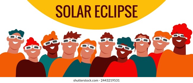 Solar eclipse. Group of joyful people with protective glasses looks at the solar eclipse. Poster template, web banner, or card.Vector illustration.