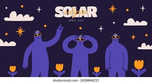 Solar eclipse horizontal banner with hand drawn silhouettes of people in solar eclipse glasses. Abstract modern fashion vector illustration.