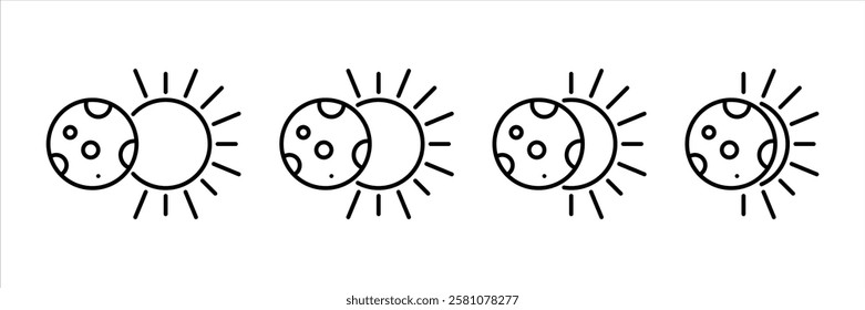 Solar eclipse icon, outline style, moon, sun, eclipse, illustration, black and white.