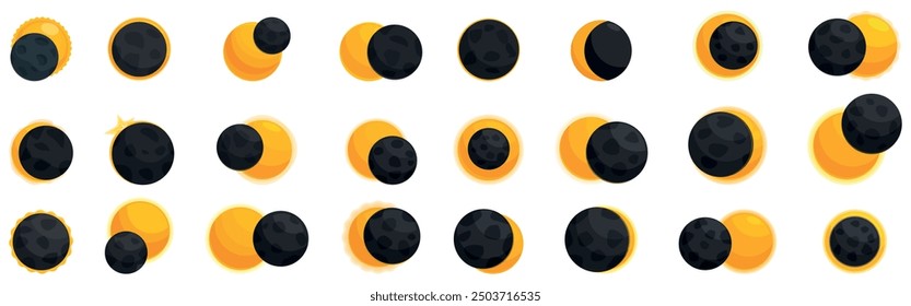 Solar eclipse icons set. Different phases of a solar eclipse with the moon covering the sun