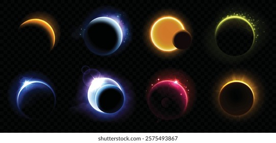 Solar eclipse. Light circles with planet edge, moon neon flare, space elements. Magic galaxy rings, star eclipses realistic effect. Vector outer space set.