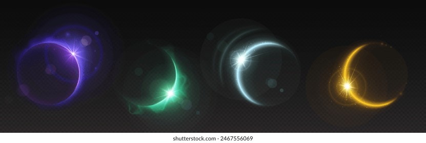 Solar eclipse light flare. Moon or sun ring effect on transparent background. Abstract neon sunrise glow in golden, green, white and purple. Bright magic full circle edge overlay. Cosmic globe shine