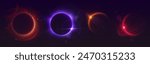 Solar eclipse light ring. Moon flare glow in space effect. Total lunar phase with neon planet edge shine at night. Abstract magic astrology horizon. Cosmic outer purple and orange sunrise realistic