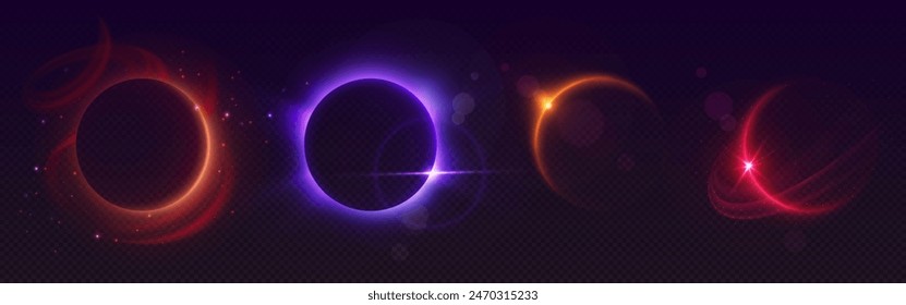 Solar eclipse light ring. Moon flare glow in space effect. Total lunar phase with neon planet edge shine at night. Abstract magic astrology horizon. Cosmic outer purple and orange sunrise realistic