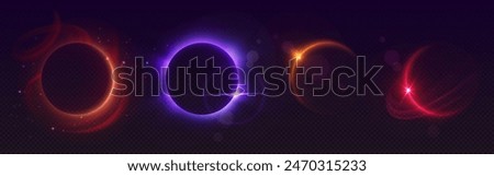 Solar eclipse light ring. Moon flare glow in space effect. Total lunar phase with neon planet edge shine at night. Abstract magic astrology horizon. Cosmic outer purple and orange sunrise realistic