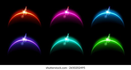 Luz de eclipse solar ajustada. Efeito de clarão de lua brilhante no fundo preto. Coleção de ilustrações vetoriais abstratas. Design de globo de planeta brilhante em cores diferentes
