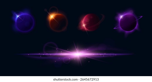 Solar eclipse light. Vector set of Moon flare glow, planet in dark sky, shining star, sunlight circle, cosmic effect. Space design elements in neon glow colors. Earth planet design set for web, game