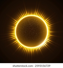 Solar eclipse with lights flares. Sun eclipse with glowing golden corona and radiant light flares in space. Darkened planet with bright shine. Abstract vector illustration.