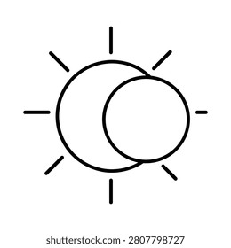 Solar eclipse line icon with sun rays and moon overlap for astronomy, celestial event, space science and sky study themes
