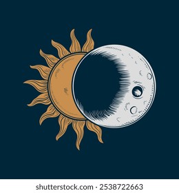 Eclipse solar. La Luna cubriendo el Sol. Arte celestial para el zodiaco, tarot, dispositivo del universo. Ilustración plana de Vector aislada sobre un fondo oscuro.