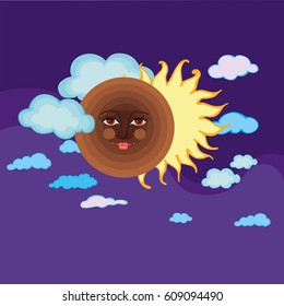 Solar eclipse. Moon with human face blocking sun in sky with clouds. Vector Illustration