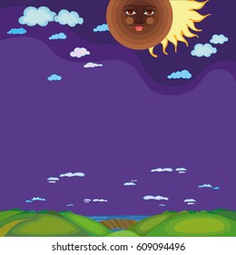 Solar eclipse. Moon with human face blocking sun in sky with clouds. Vector Illustration