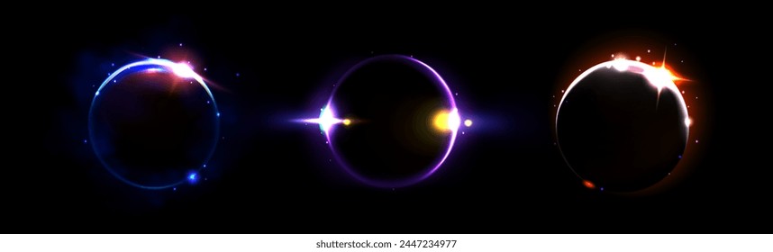 Solar eclipse and moon light neon ring vector. Fire glow in halo. Galaxy effect on fantasy sphere in purple and orange. Realistic frame overlay. Total black background and magic edge sparks energy