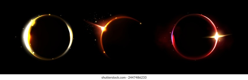 Solar eclipse and moon light neon ring vector. Fire glow in halo. Galaxy effect on fantasy sphere in yellow and red. Realistic frame overlay. Total black background and magic edge sparks energy
