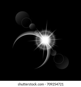 Solar eclipse on black background, Total eclipse with sun rays, Vector illustration