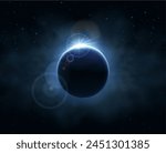 Solar eclipse on dark background with space dust and sun beams. Vector illustation.