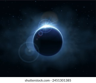 Solar eclipse on dark background with space dust and sun beams. Vector illustation.