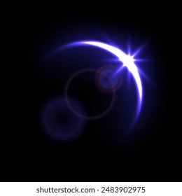 Solar eclipse overlay effect on black background vector illustration. Neon blue blazing star edge behind planet in dark sky or space, sunrise in cosmos.