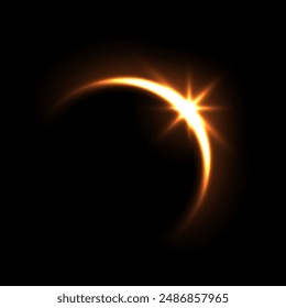 Solar eclipse overlay effect on black background vector illustration. Neon yellow blazing star edge behind planet in dark sky or space, sunrise in cosmos