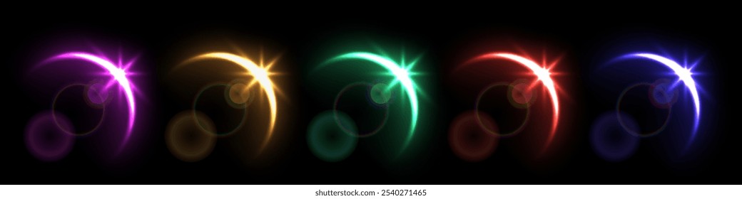 Efeito de sobreposição de eclipse solar no conjunto de vetores de fundo preto. Coleção de diferentes neon blazing borda estrela atrás do planeta no céu escuro ou espaço, nascer do sol no cosmos.