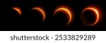 Solar eclipse phases with glowing neon orange rings against dark sky. Moon passing across sun creates luminous circular silhouettes. Celestial phenomenon sequence demonstrates gradual shadowing.